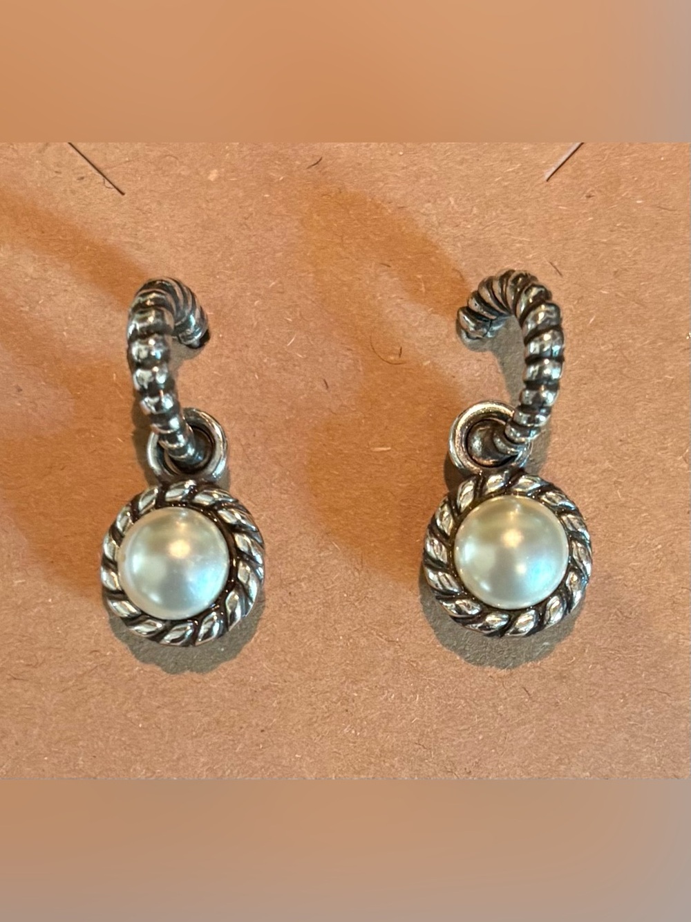 Brighton Silver Tone Twisted Rope Hoop Earrings Interchangeable To Pearl/Crystal